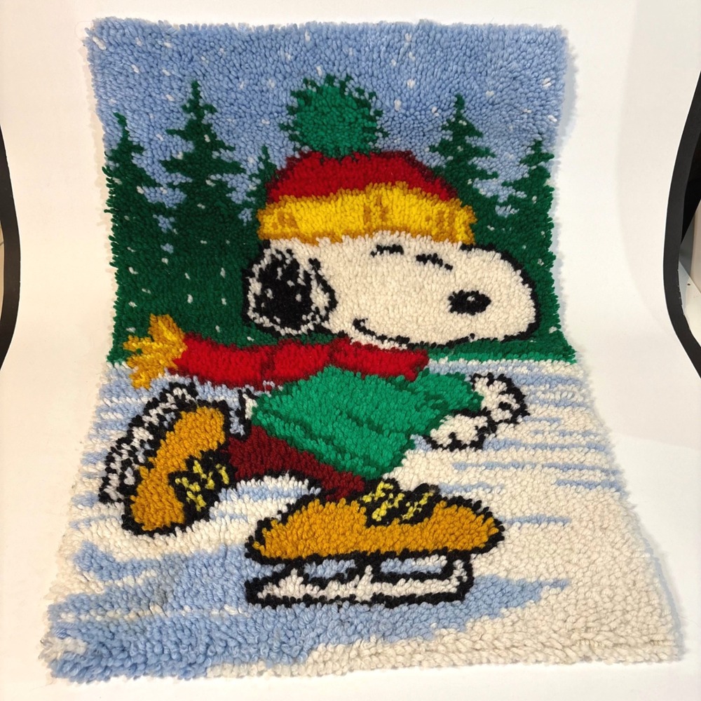 Vintage Snoopy Peanuts Latch Hook Rug Wall Hanging Ice Skating Winter Scene
